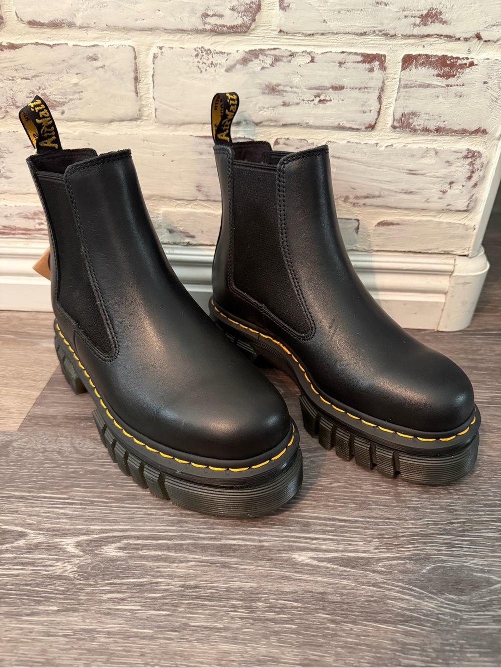 Dr. Martens Audrick Chelsea Black Platform Boots with Yellow Stitching